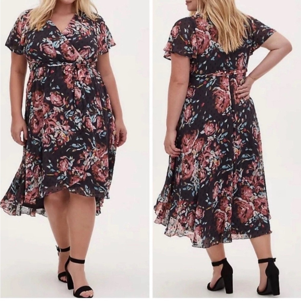 Torrid Floral Wrap Midi Dress - Black with Rose Print